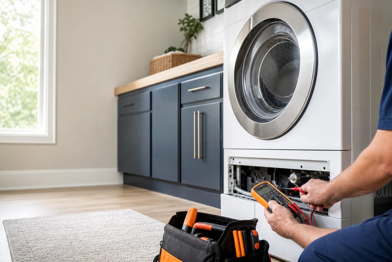 Appliance technician diagnosing a front-load washing machine for a Bridgehampton homeowner
